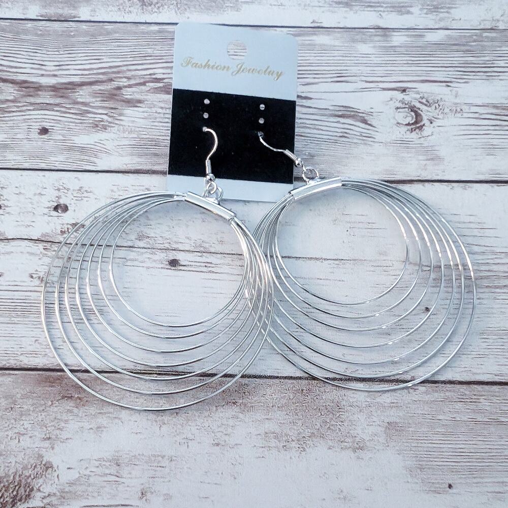 Extra Large Silver Tone Multi Circle Dangle Earrings for Pierced Ears